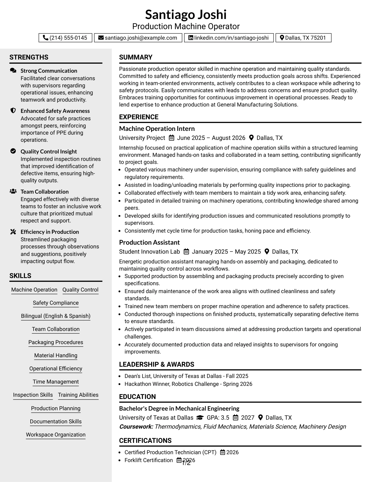 Resume Example Page 1