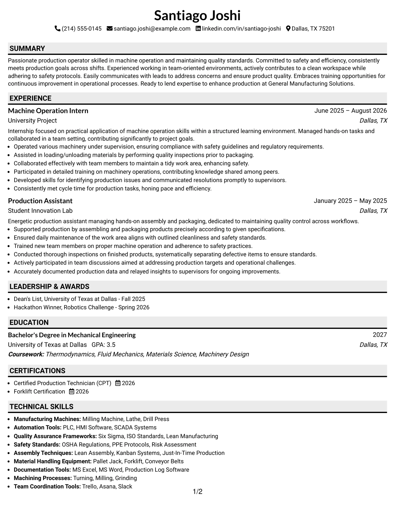 Resume Example Page 1