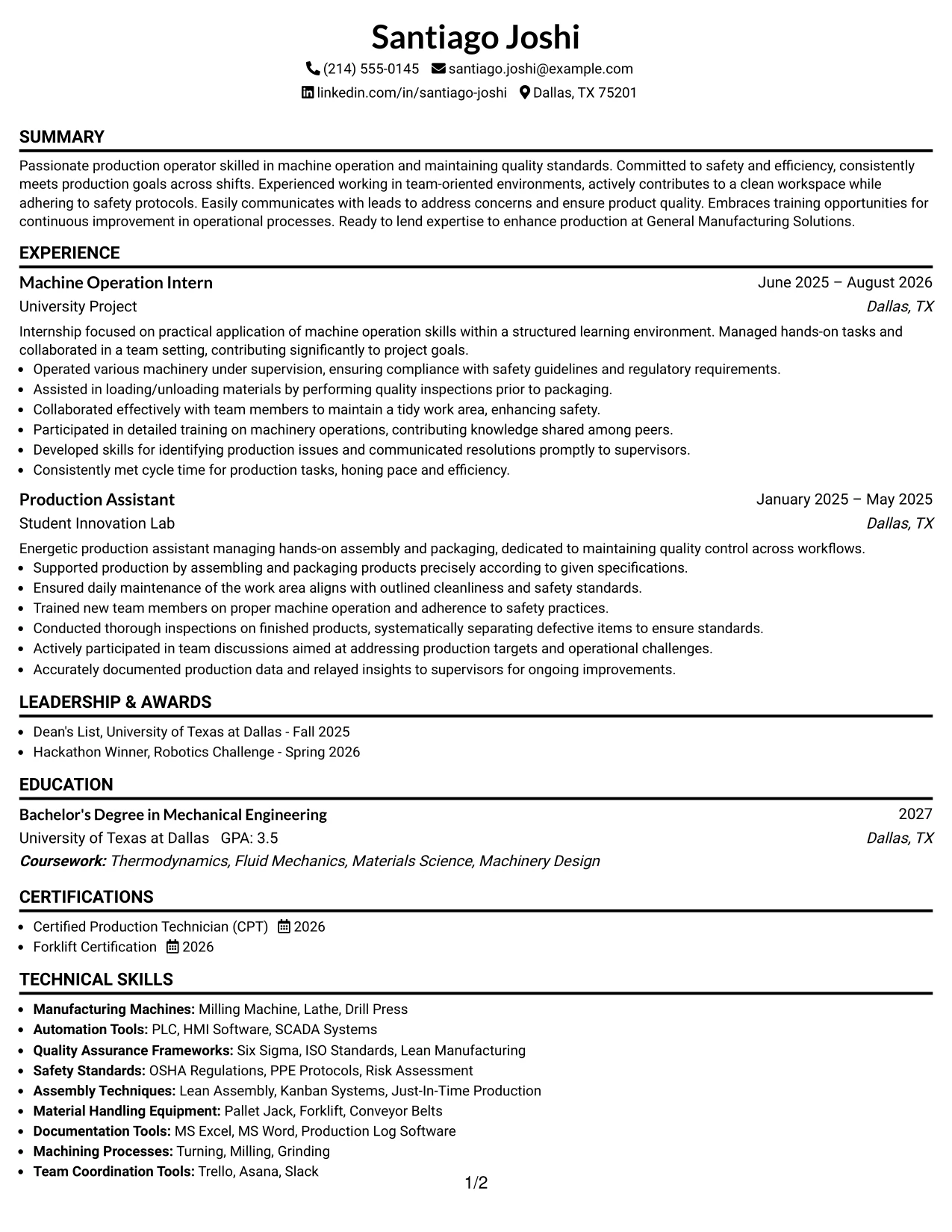 Resume Example Page 1