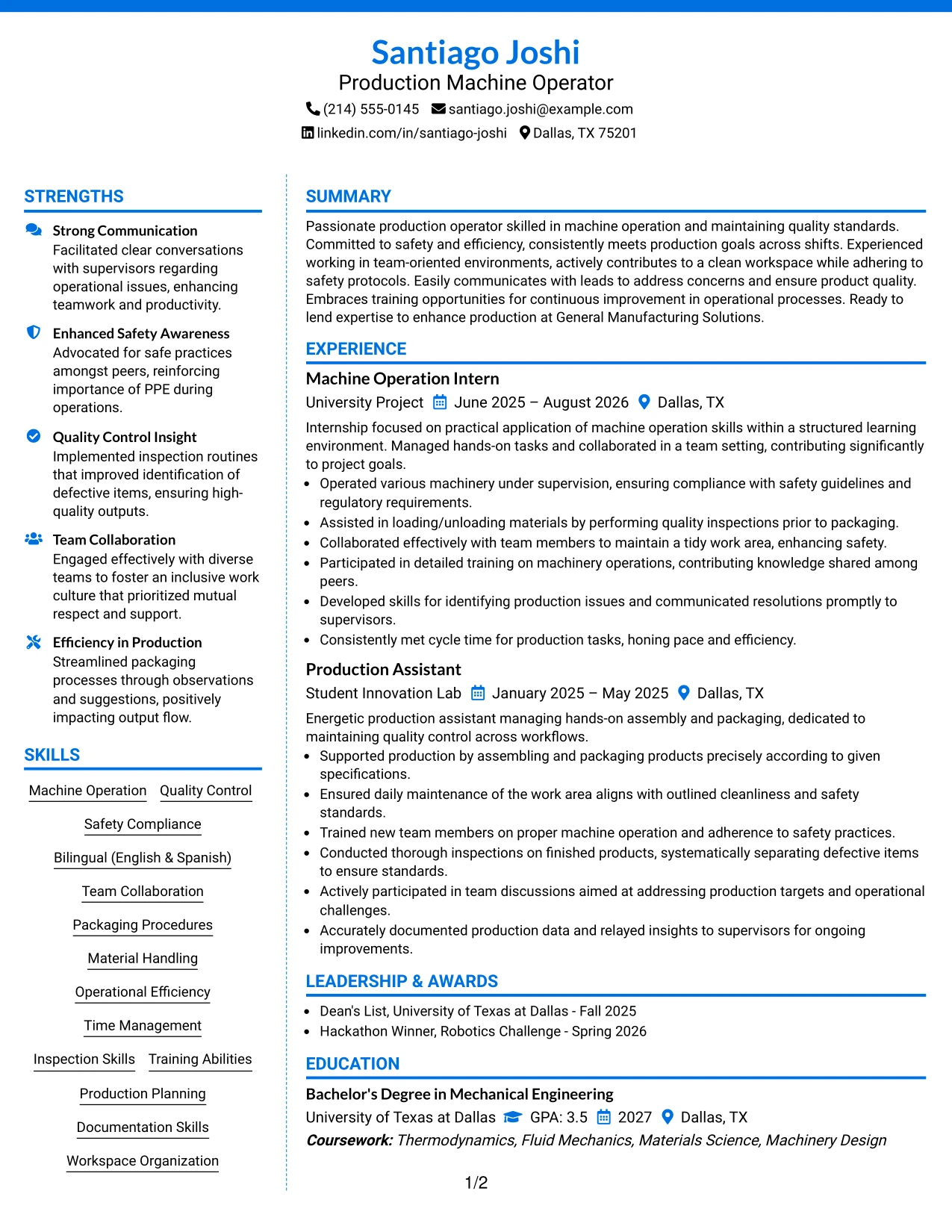 Resume Example Page 1