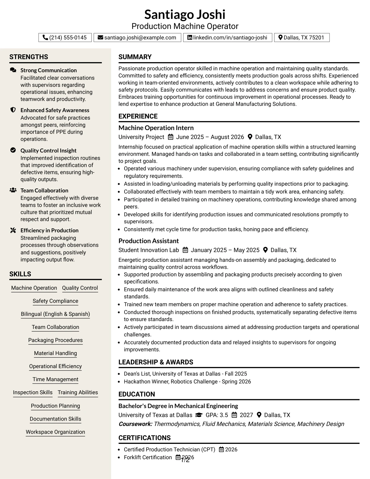 Resume Example Page 1