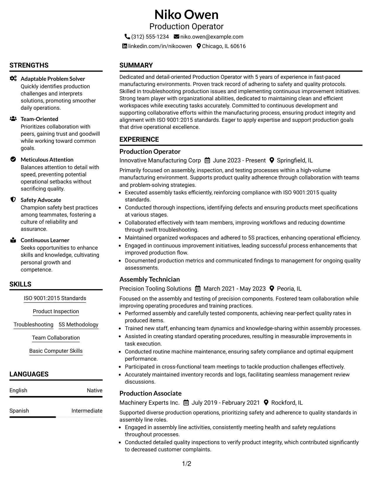 Resume Example Page 1