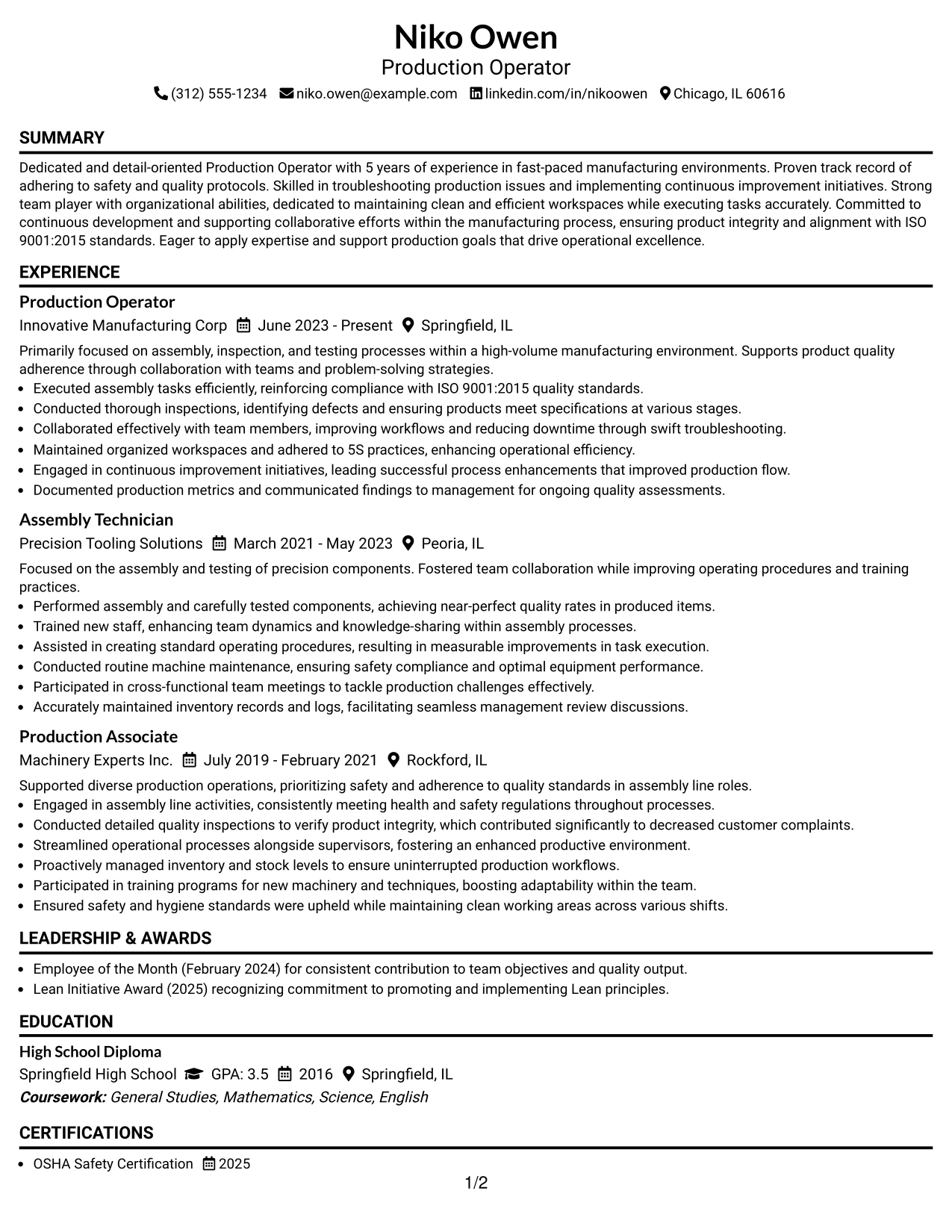 Resume Example Page 1