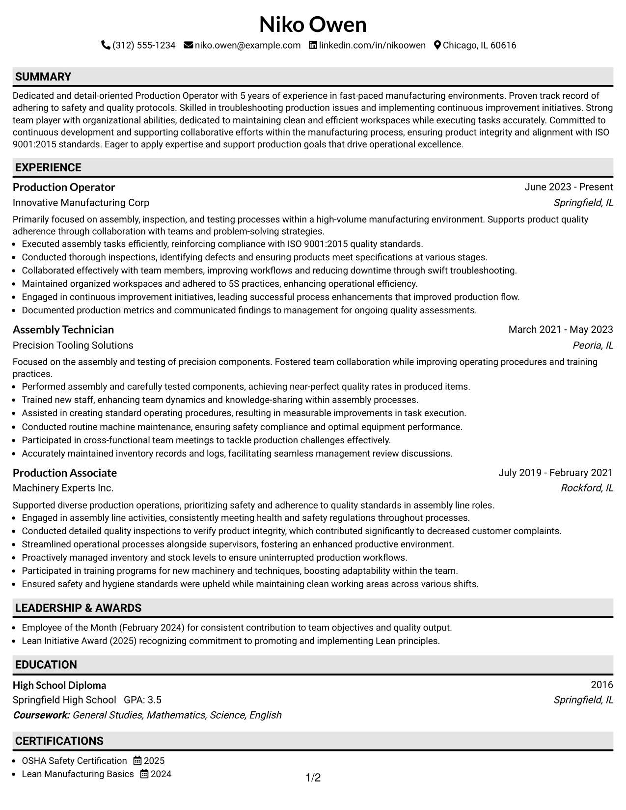Resume Example Page 1