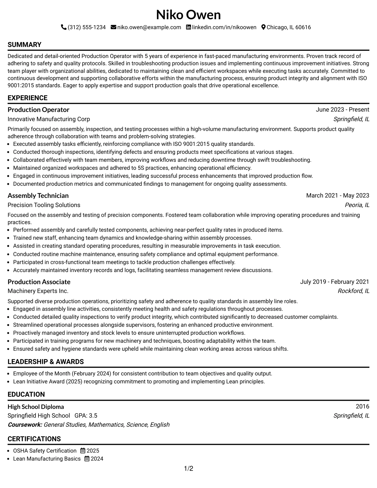 Resume Example Page 1