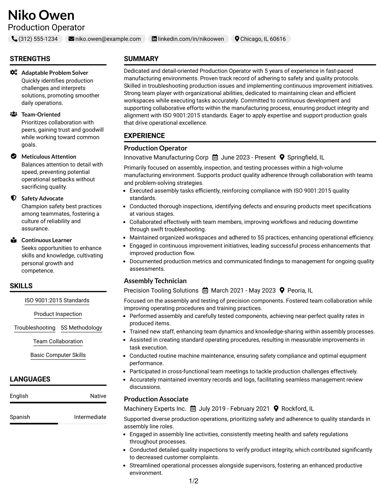 Resume Example Page 1