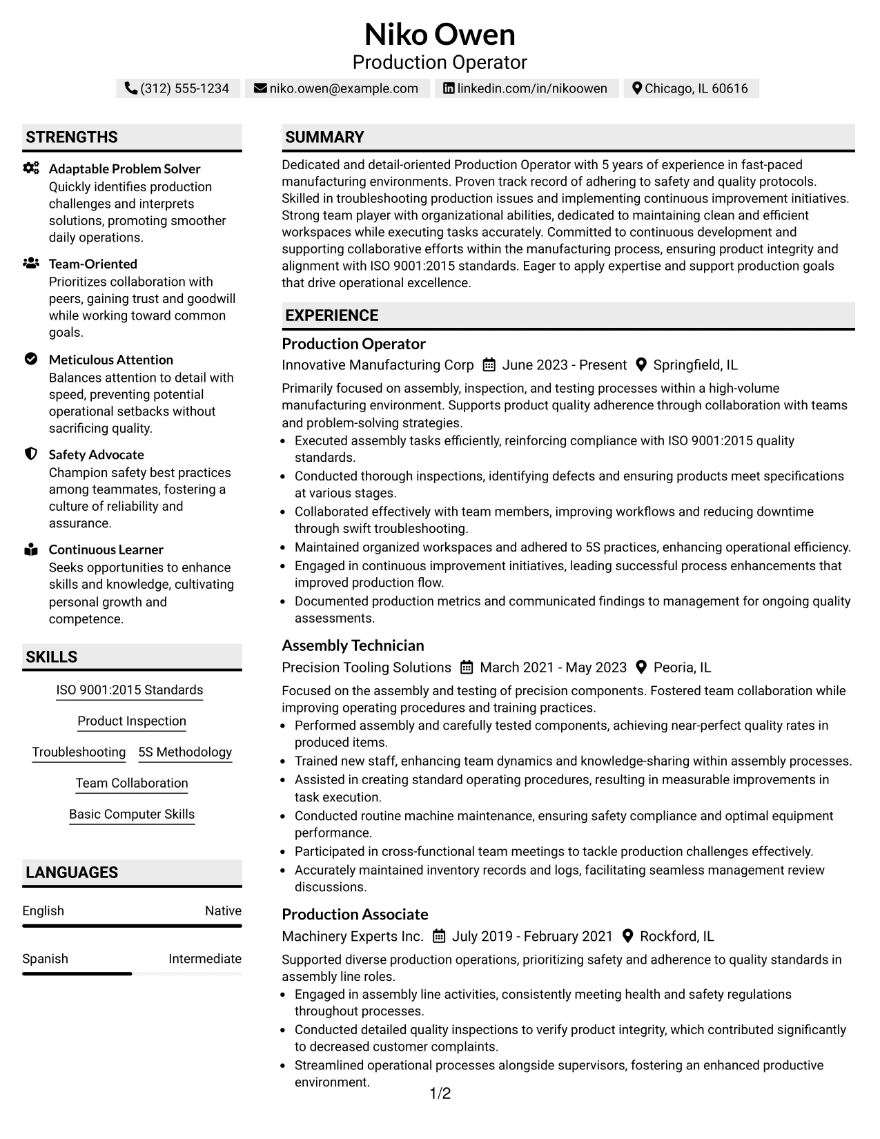 Resume Example Page 1