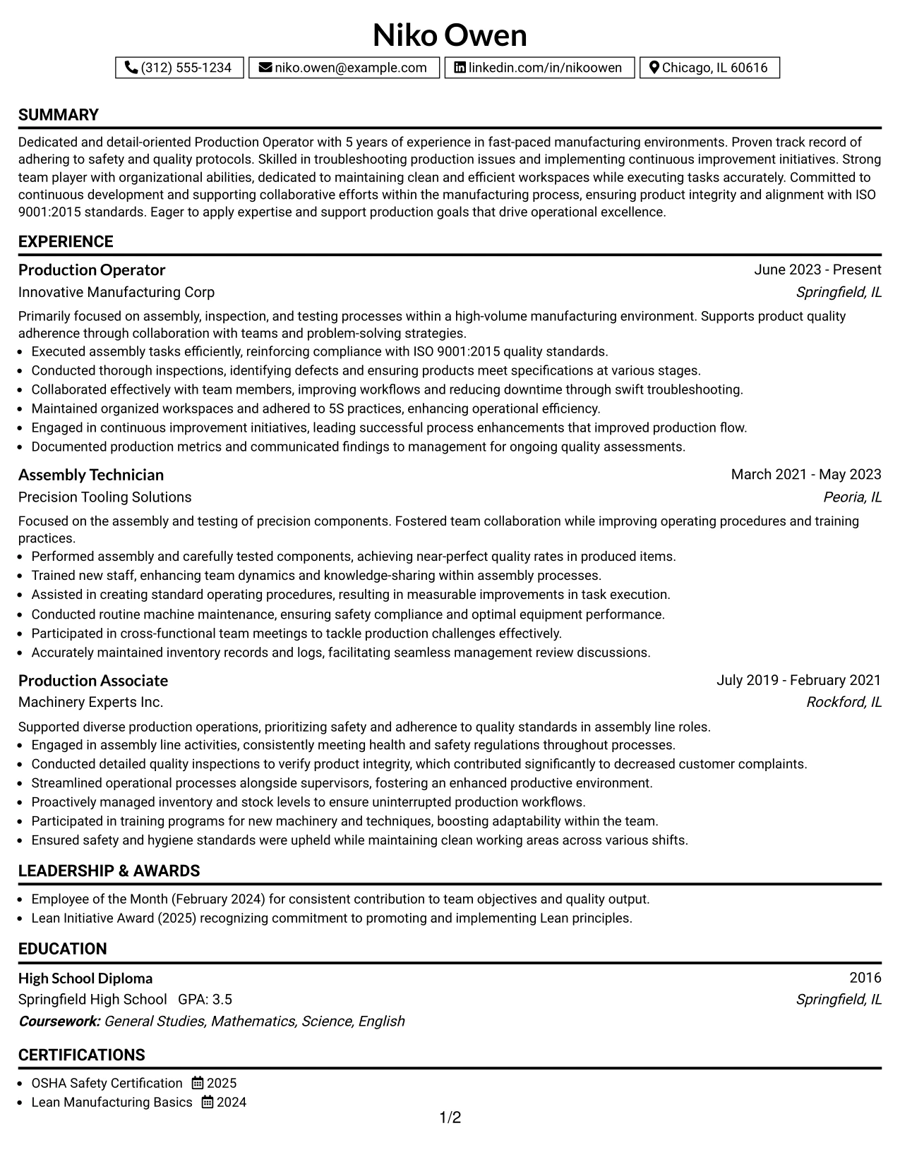 Resume Example Page 1