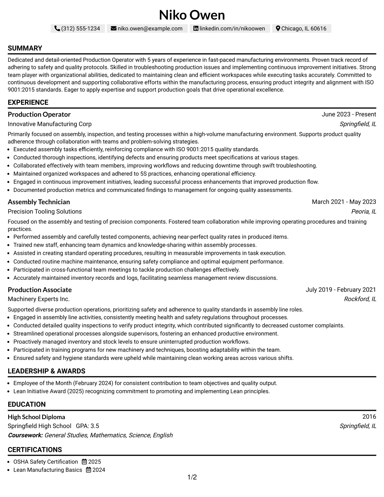 Resume Example Page 1