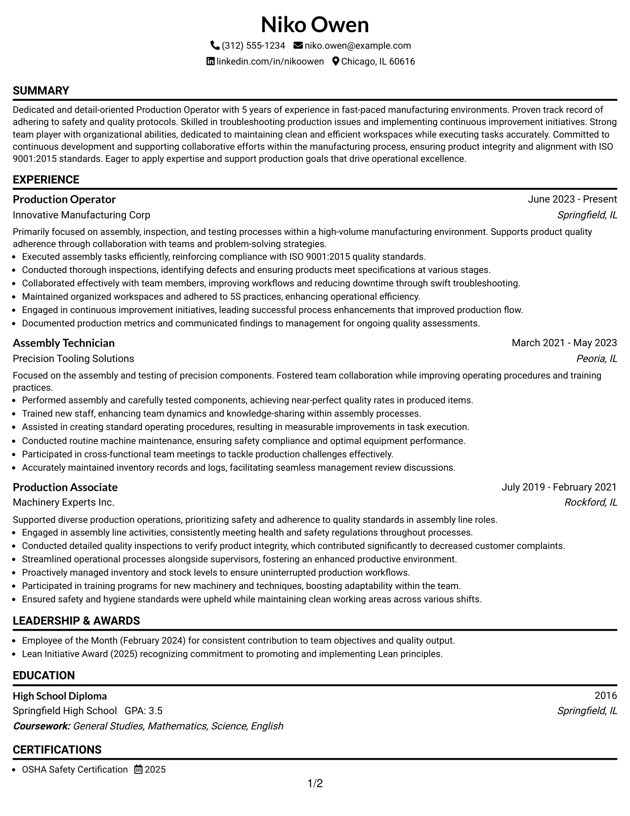 Resume Example Page 1
