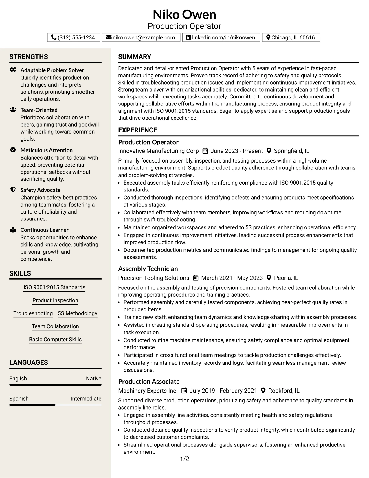 Resume Example Page 1
