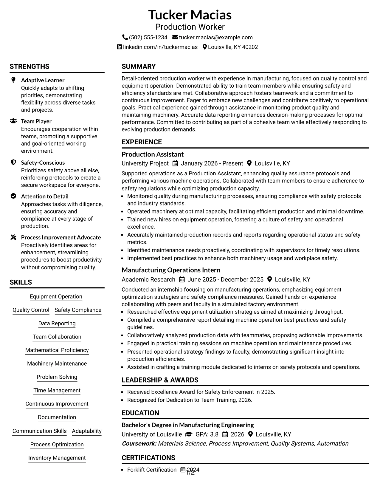 Resume Example Page 1