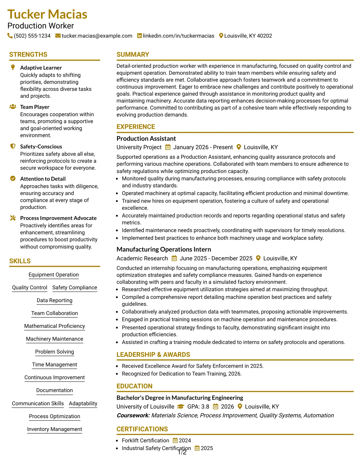 Resume Example Page 1