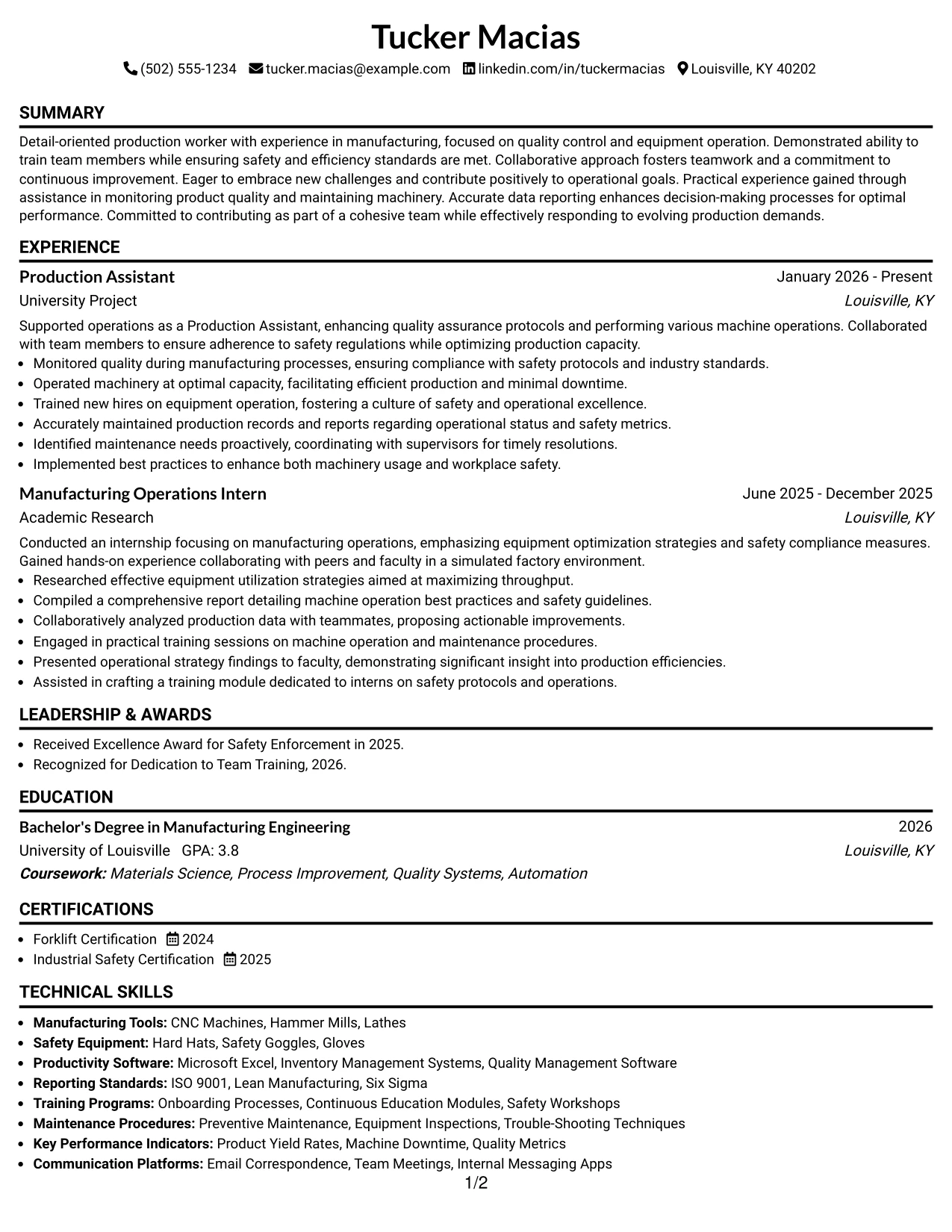 Resume Example Page 1