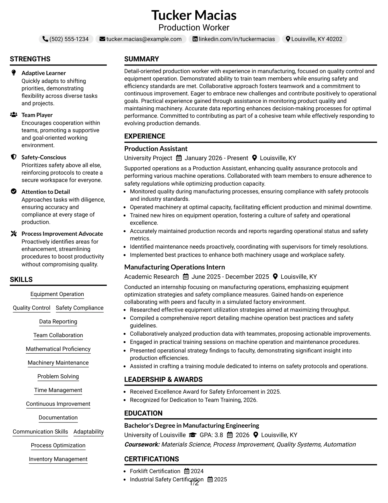 Resume Example Page 1