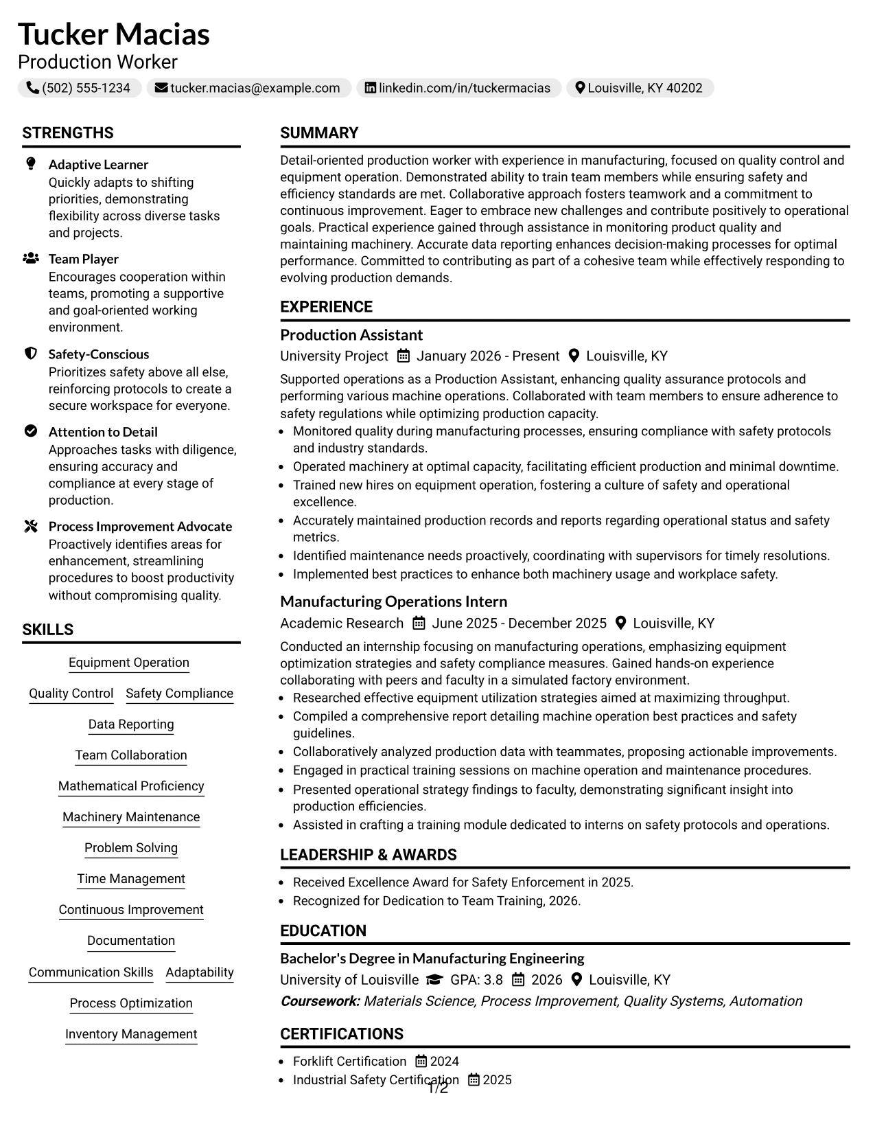 Resume Example Page 1