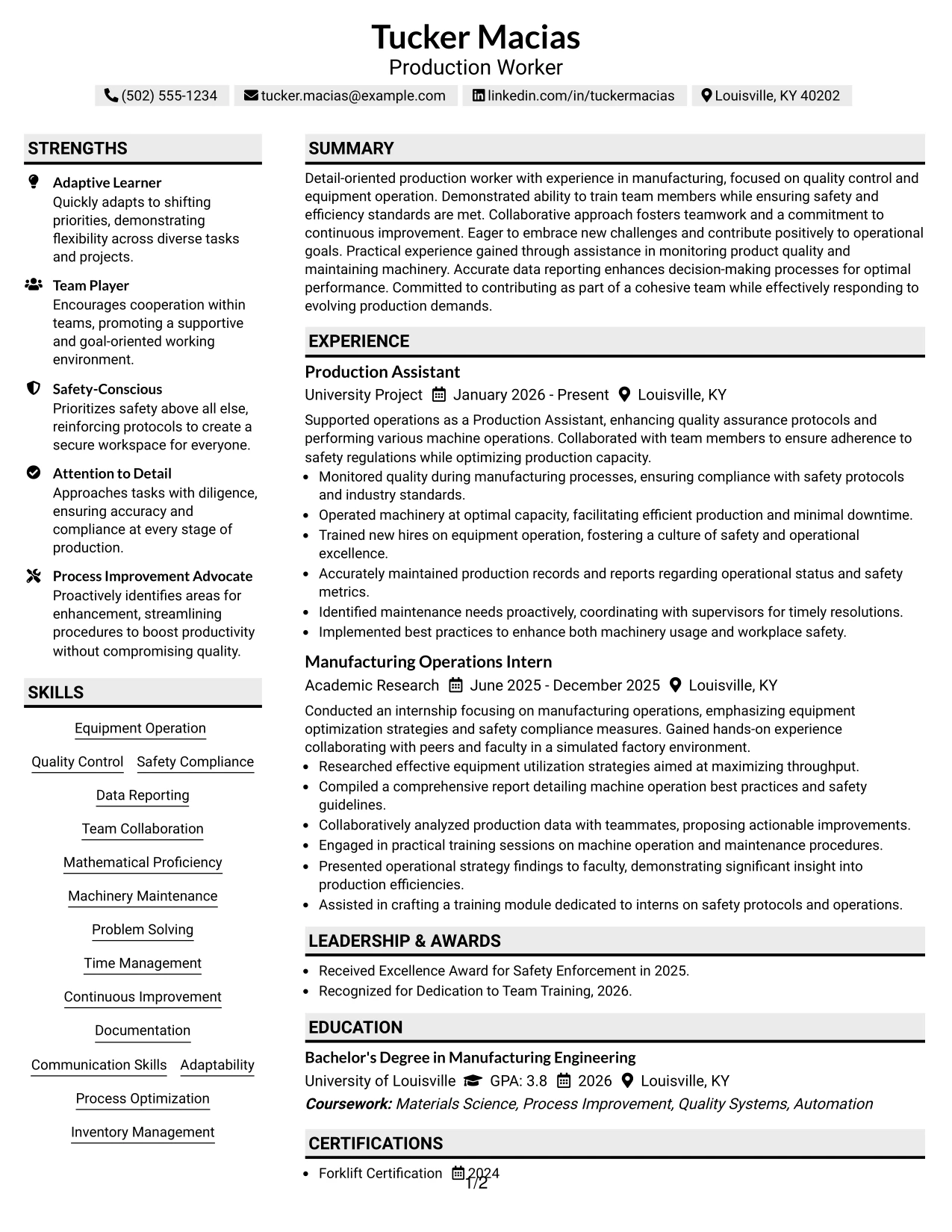 Resume Example Page 1