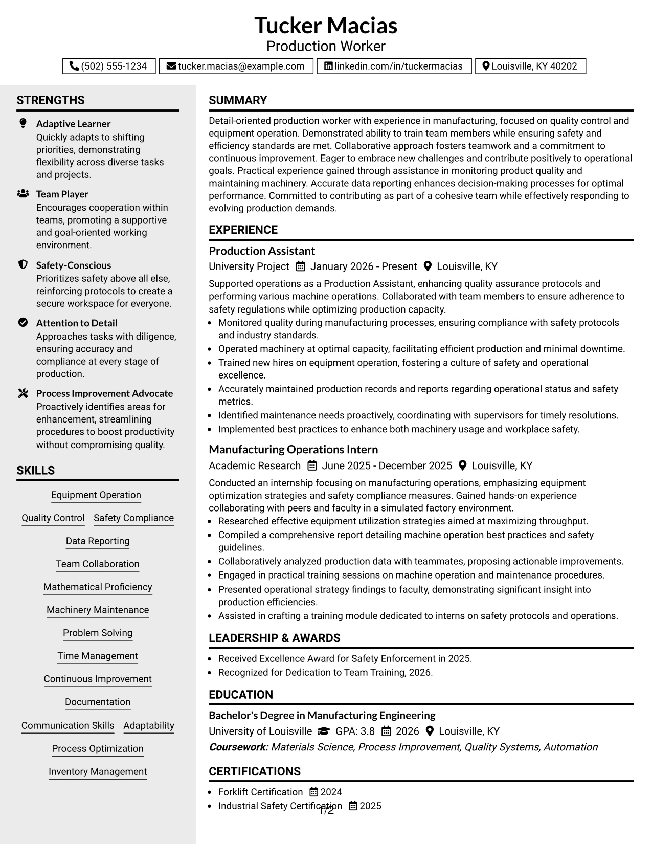 Resume Example Page 1