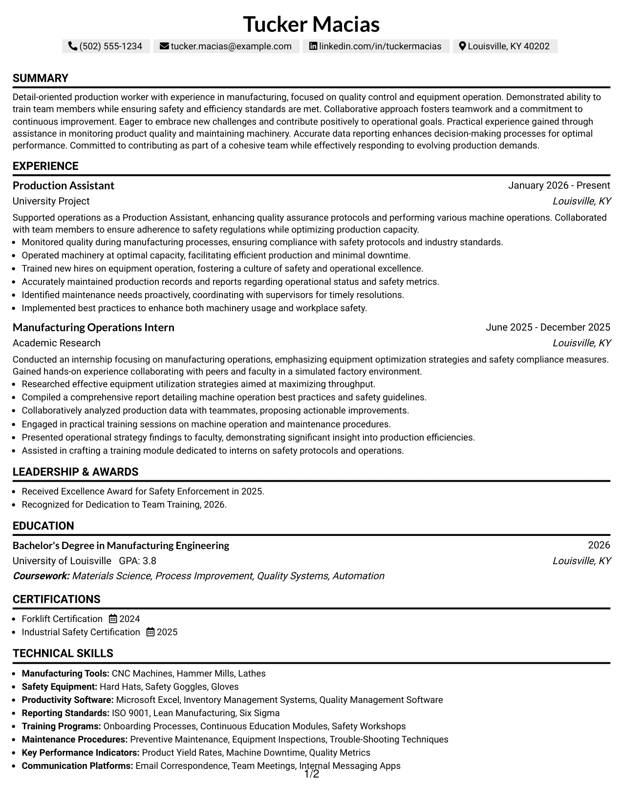 Resume Example Page 1
