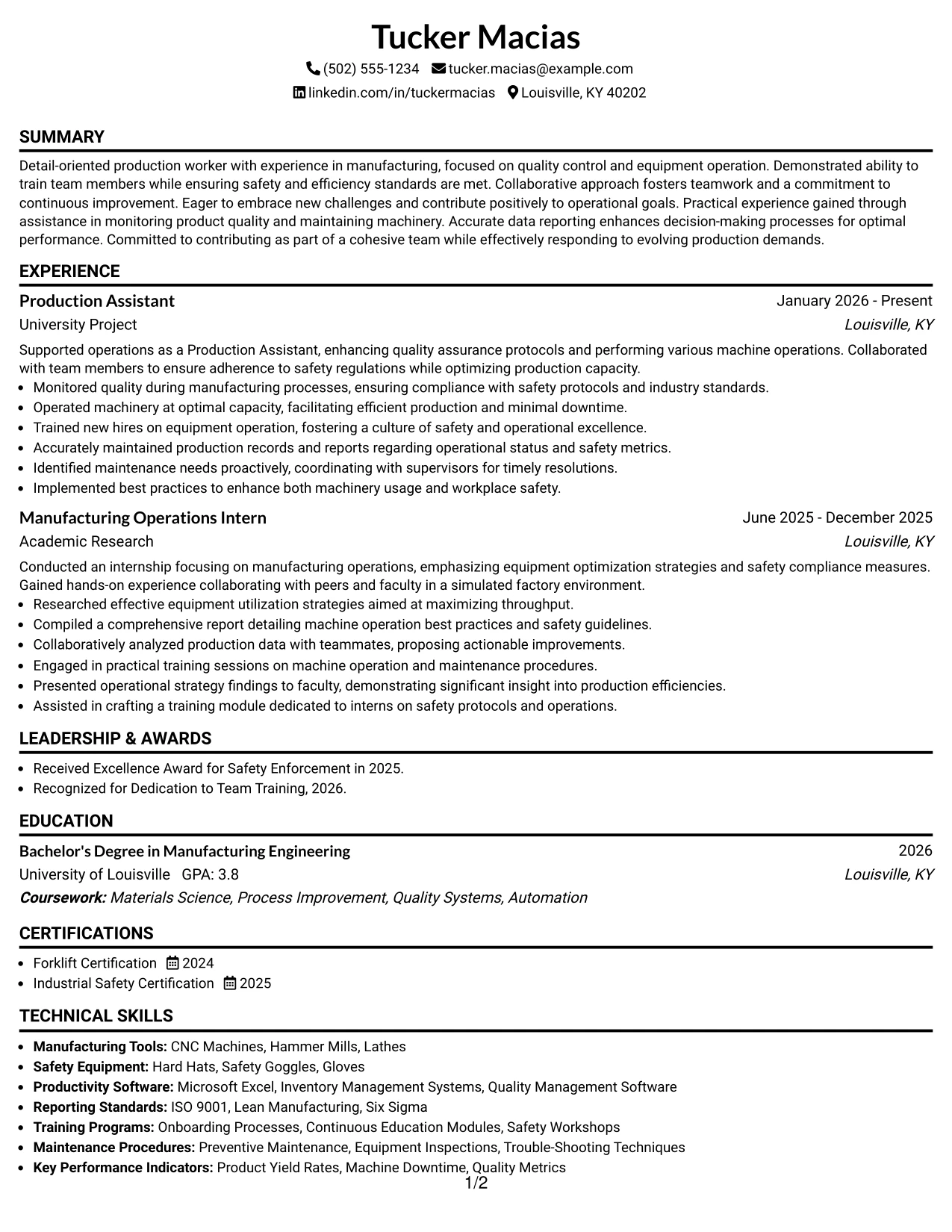 Resume Example Page 1