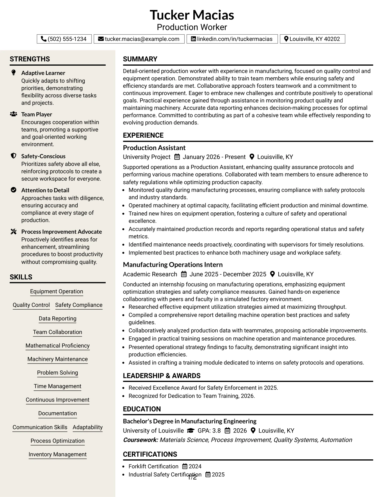 Resume Example Page 1