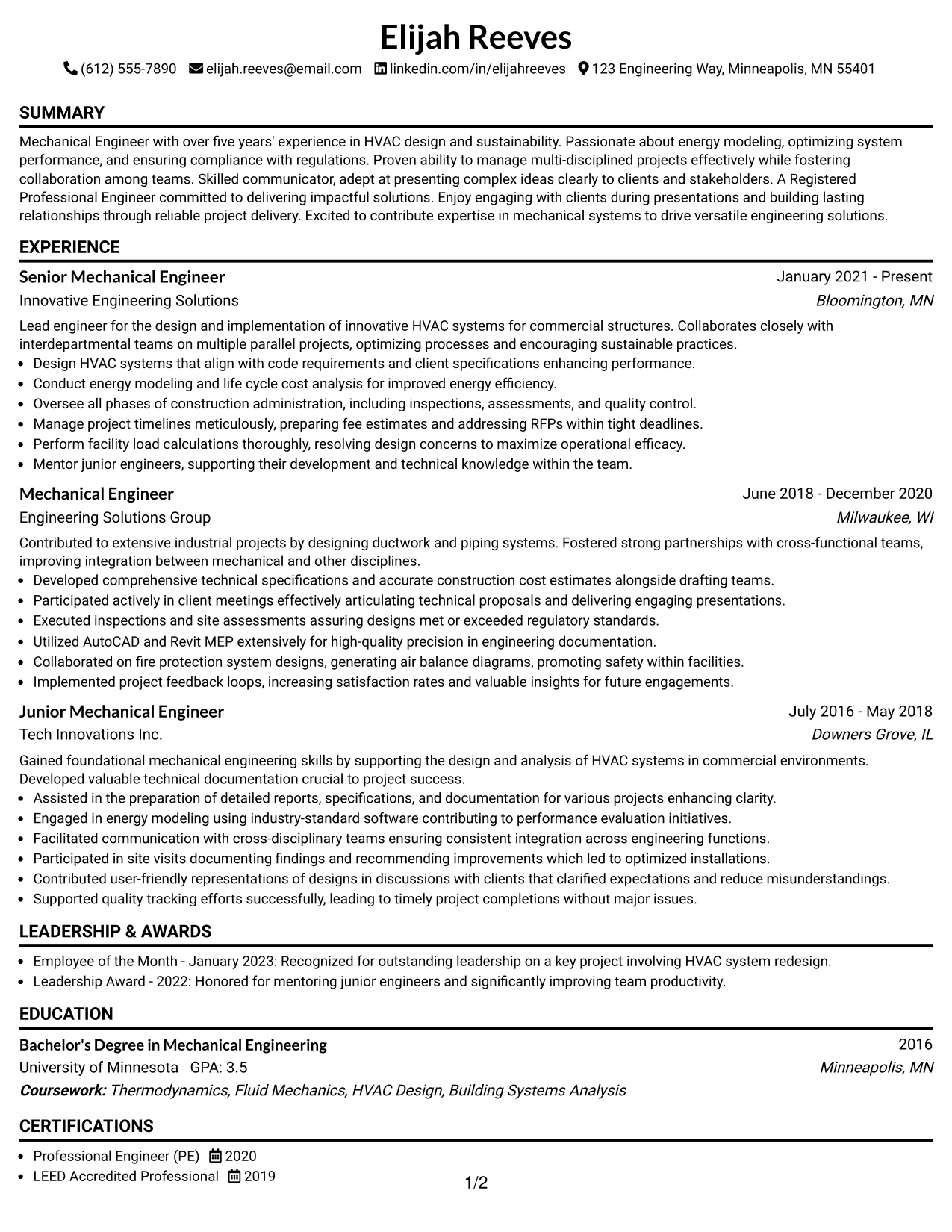 Resume Example Page 1