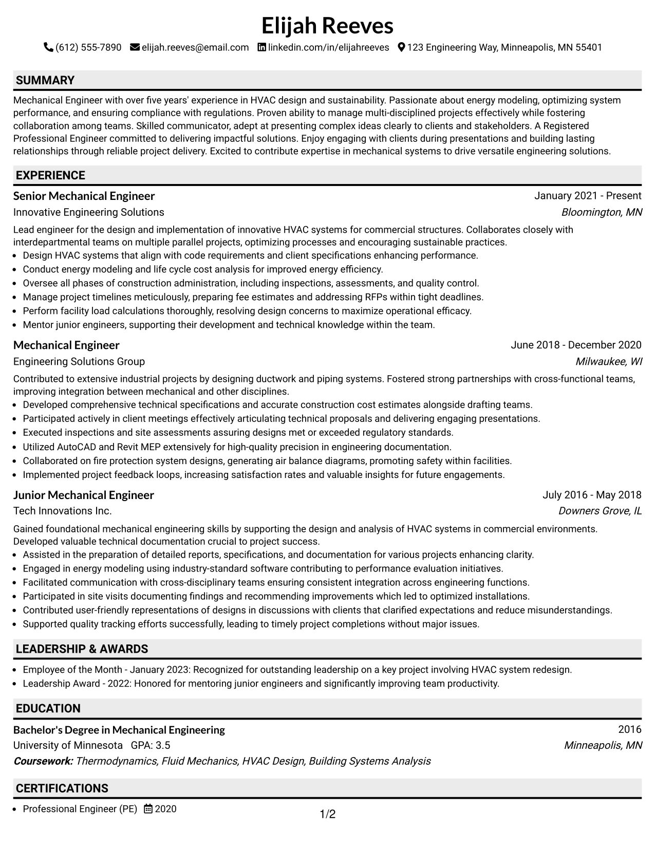 Resume Example Page 1