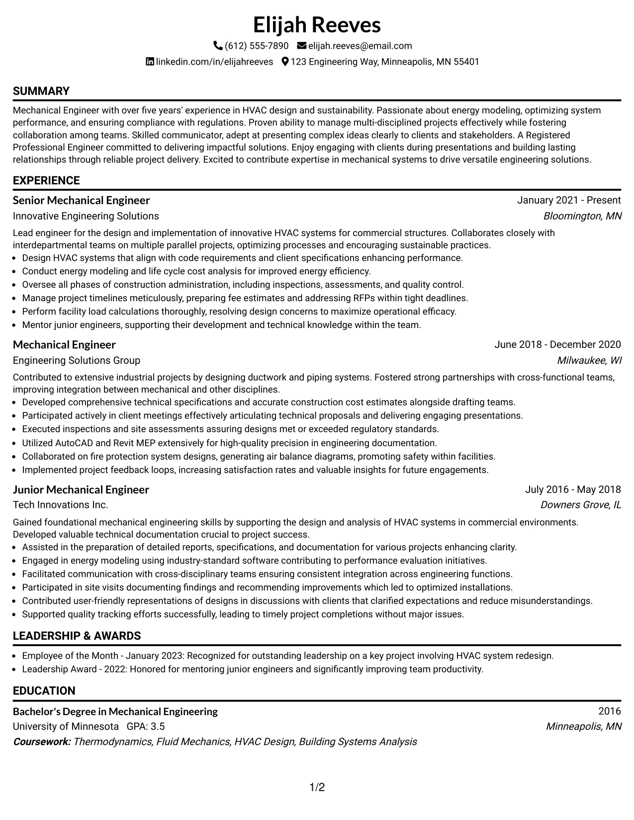 Resume Example Page 1