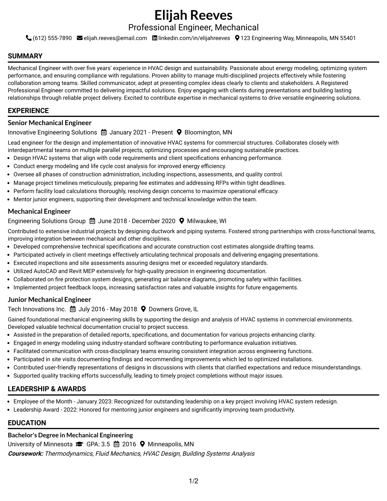 Resume Example Page 1
