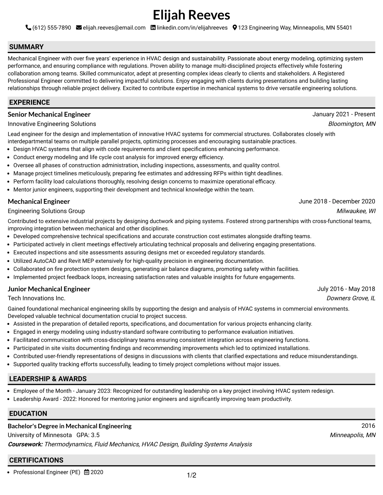 Resume Example Page 1