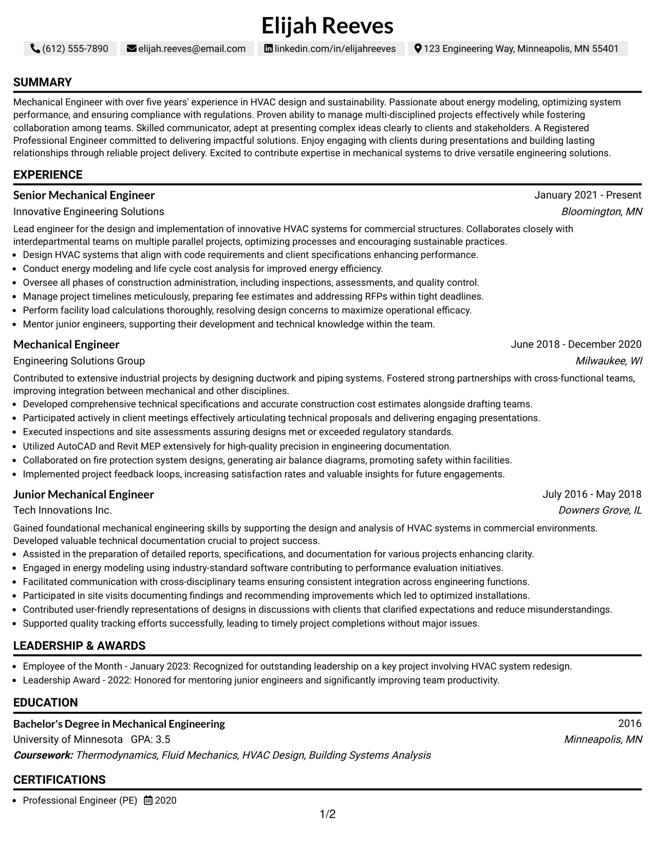 Resume Example Page 1