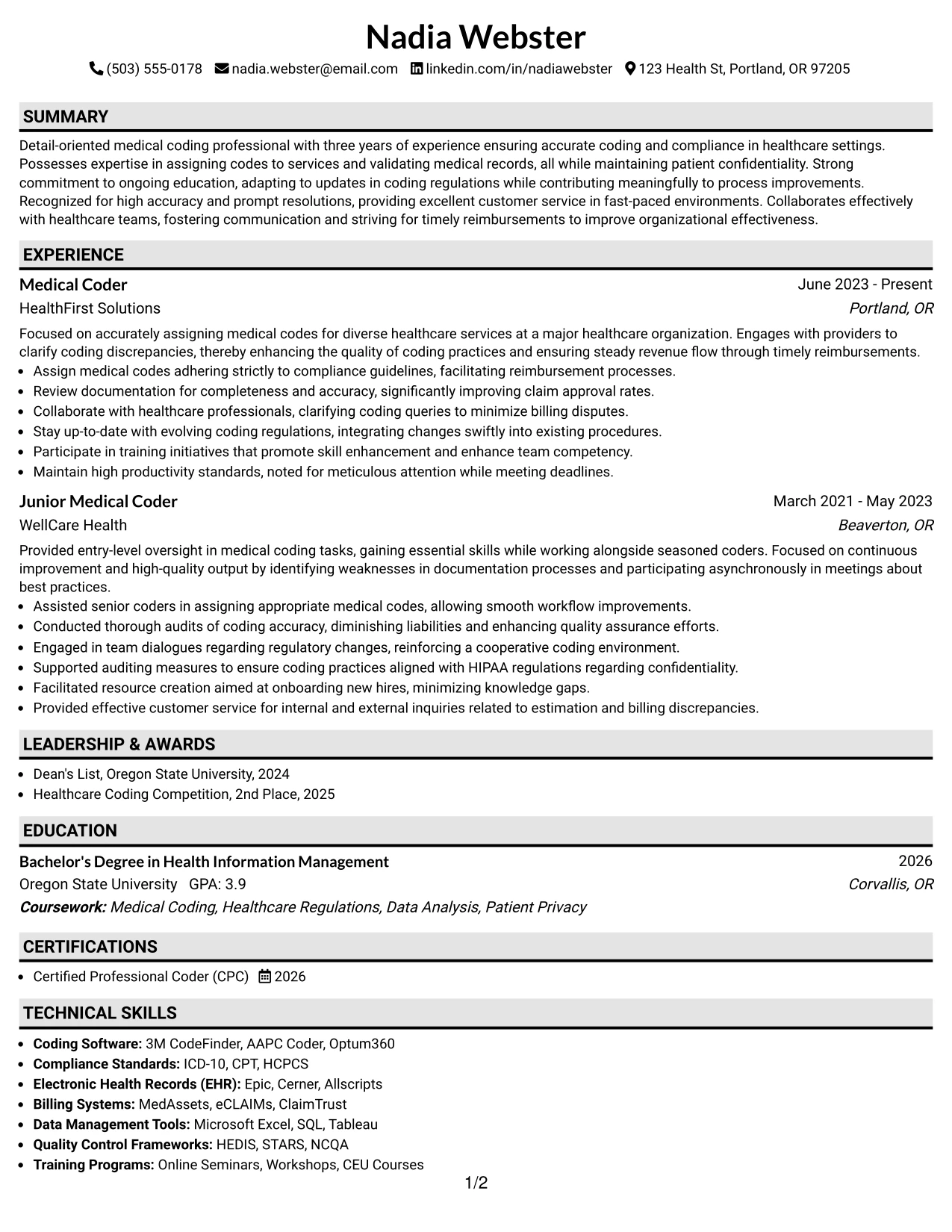 Resume Example Page 1