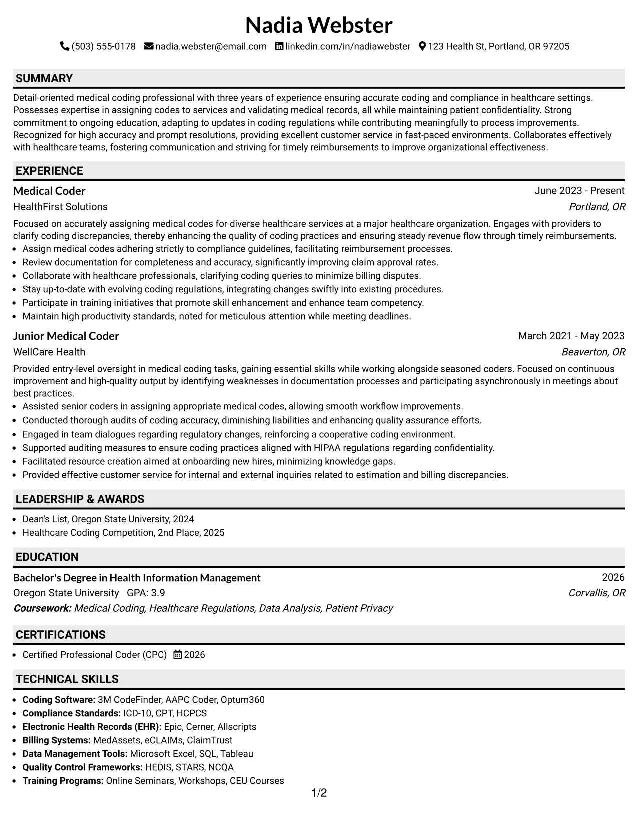 Resume Example Page 1