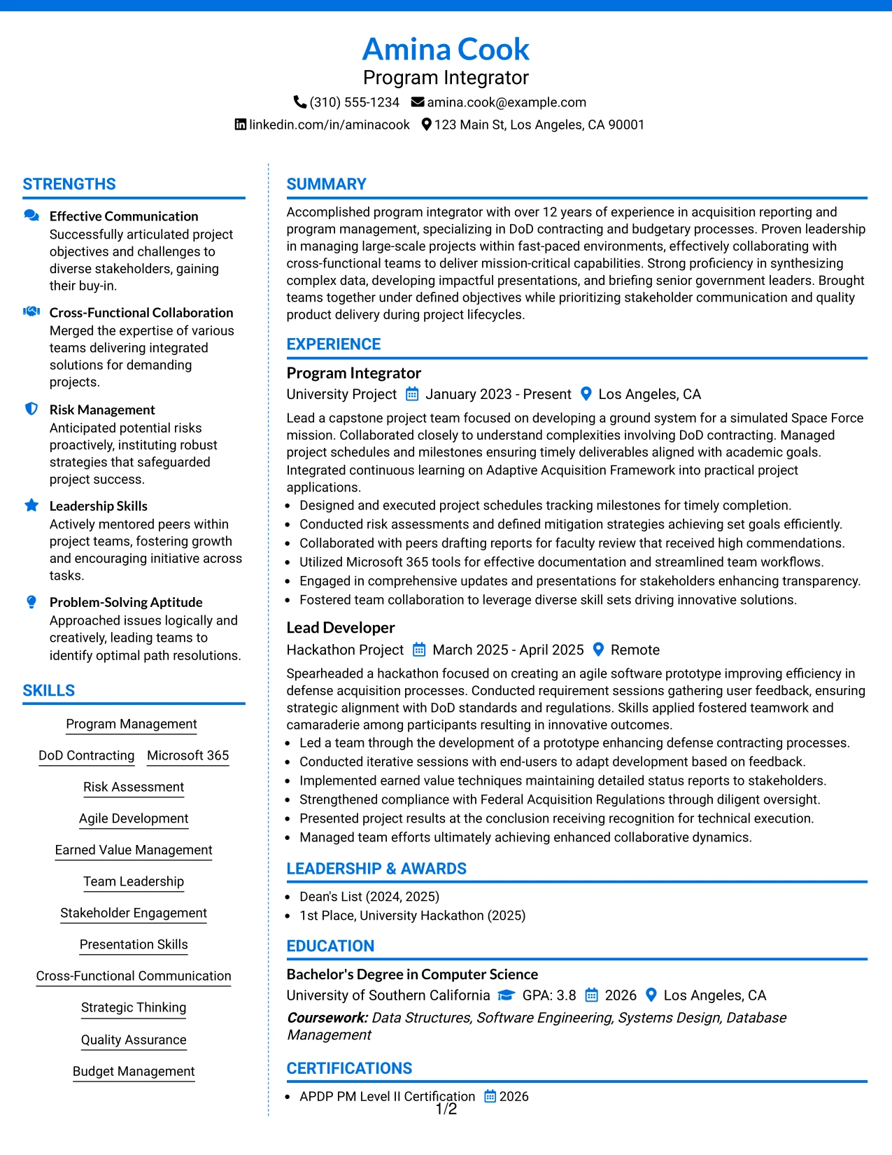 Resume Example Page 1