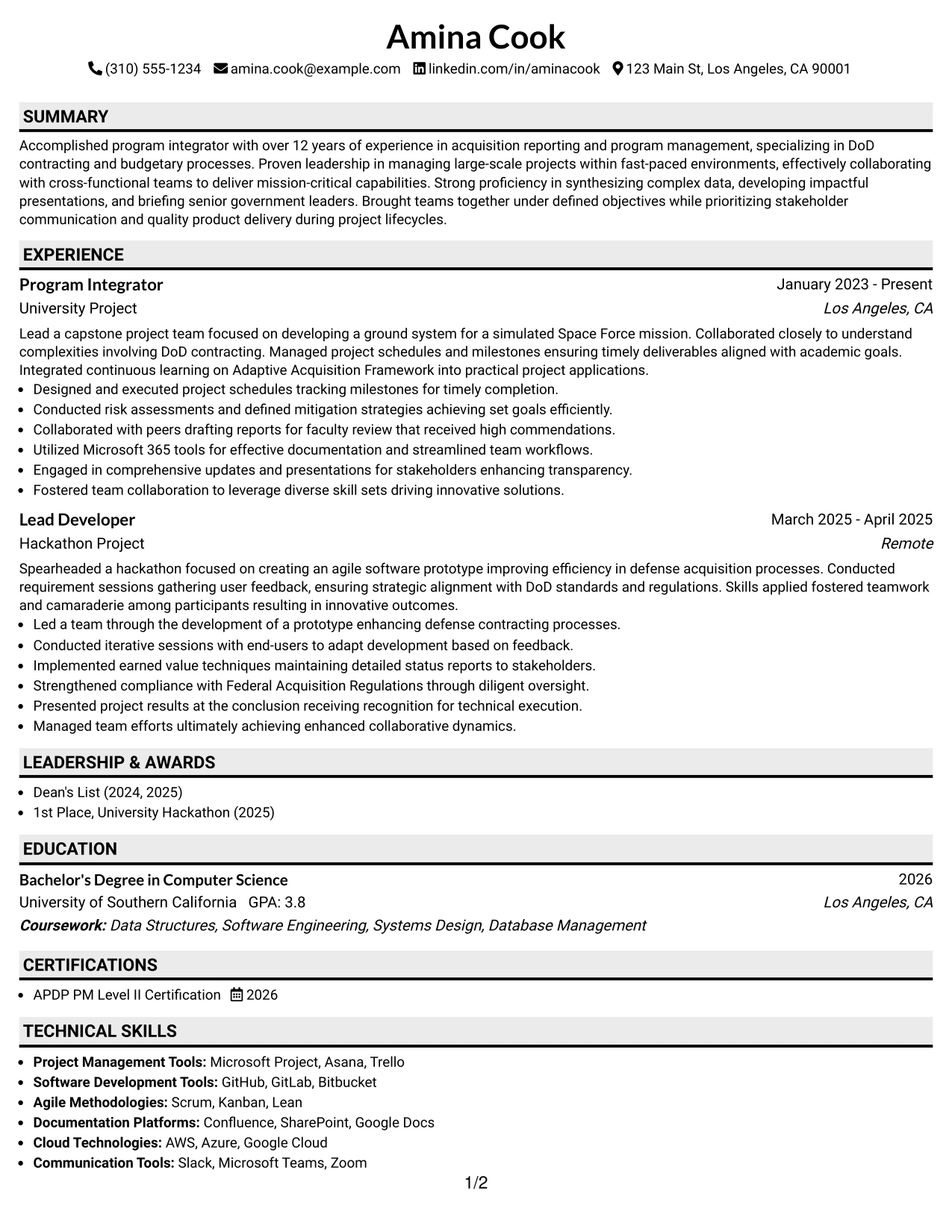 Resume Example Page 1