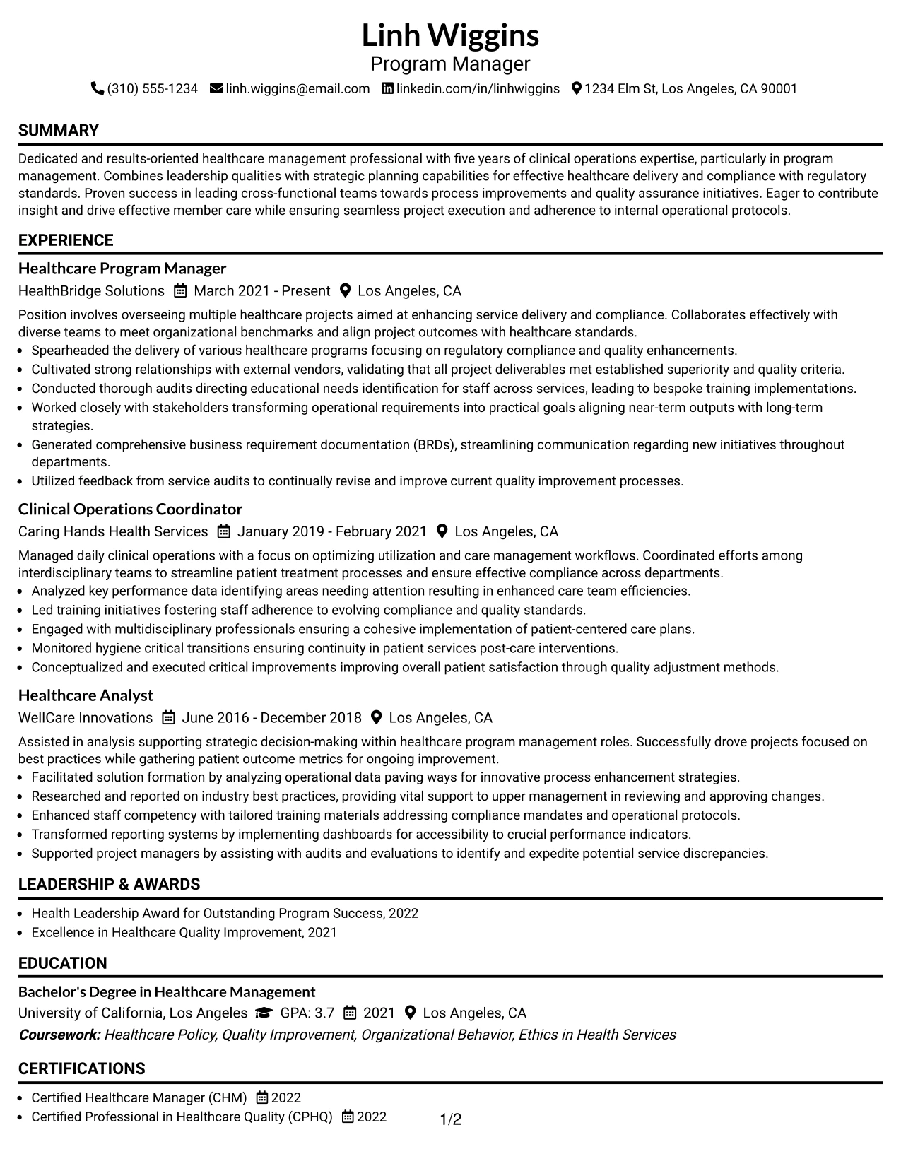 Resume Example Page 1