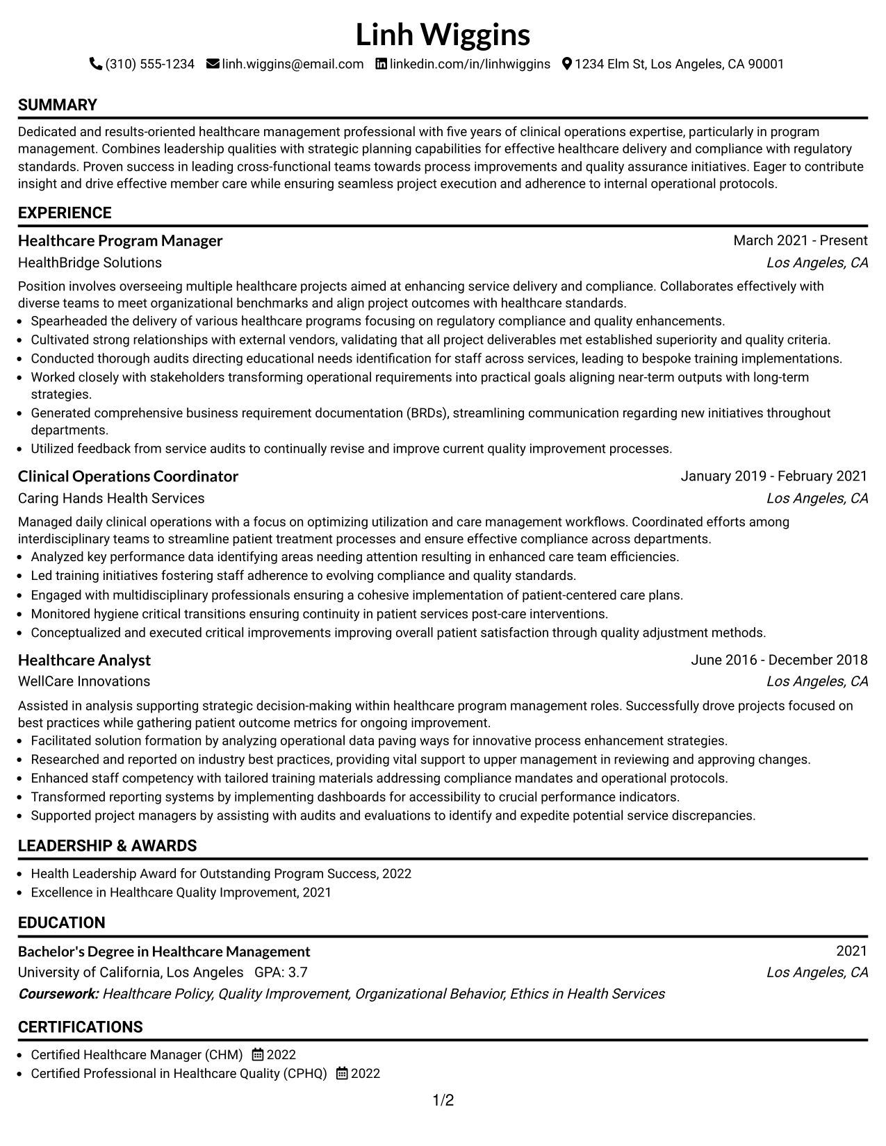 Resume Example Page 1