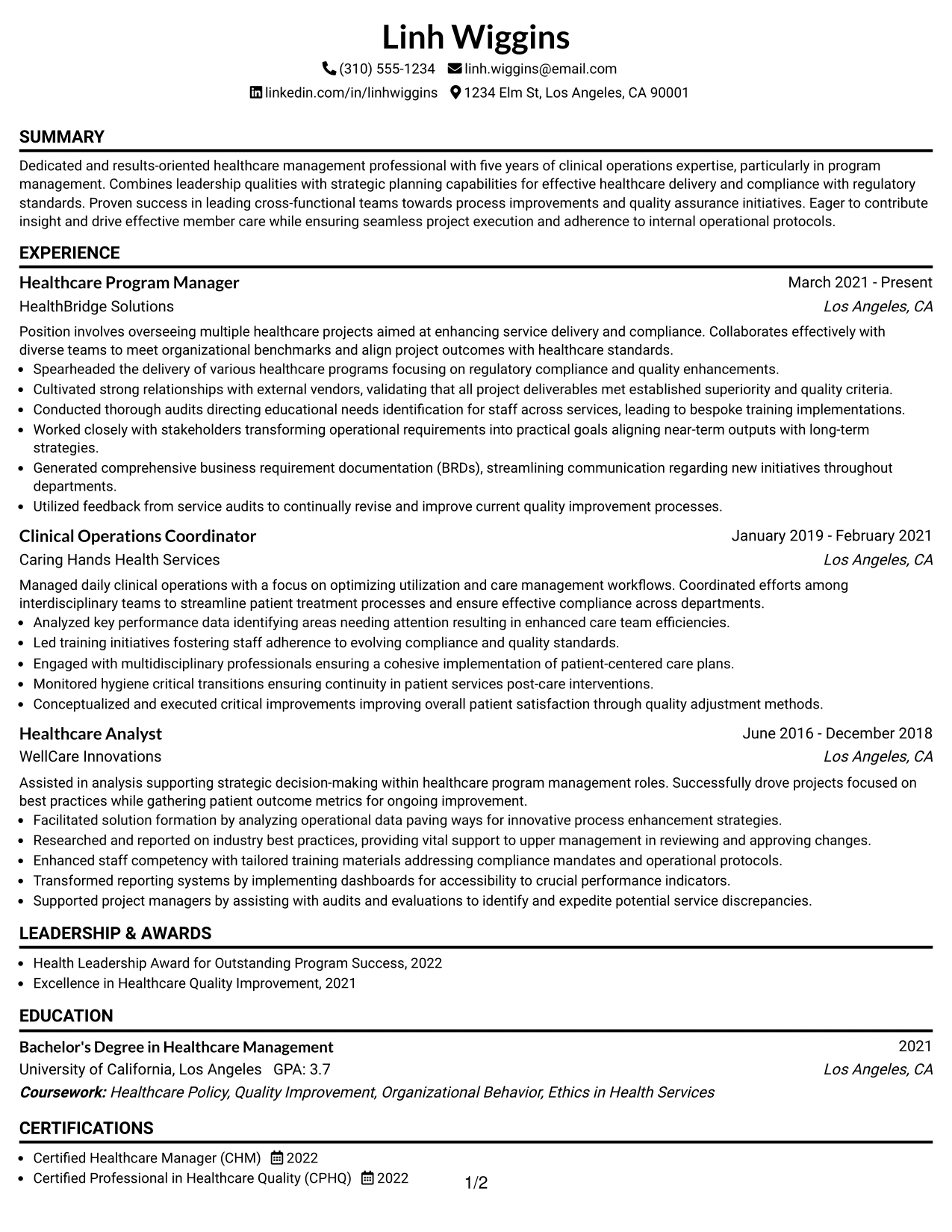 Resume Example Page 1