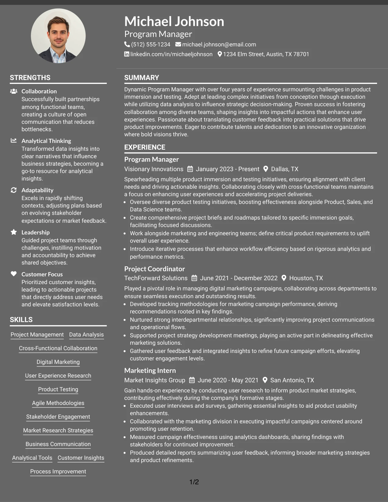 Resume Example Page 1