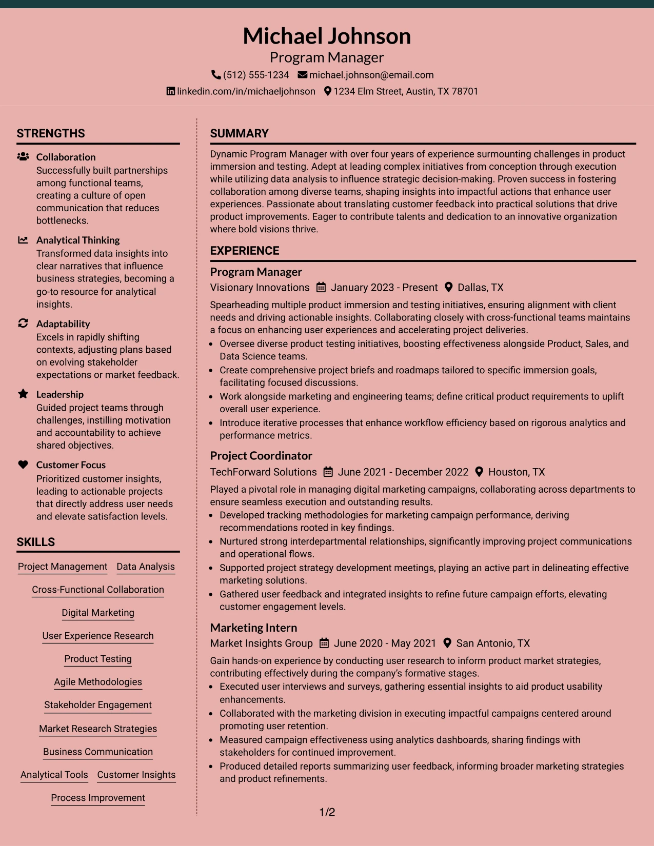 Resume Example Page 1
