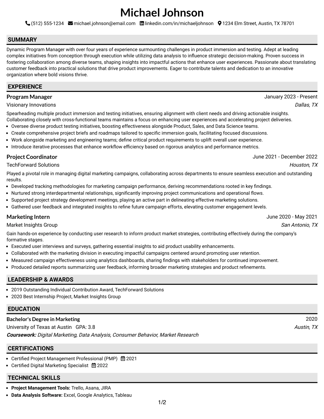 Resume Example Page 1