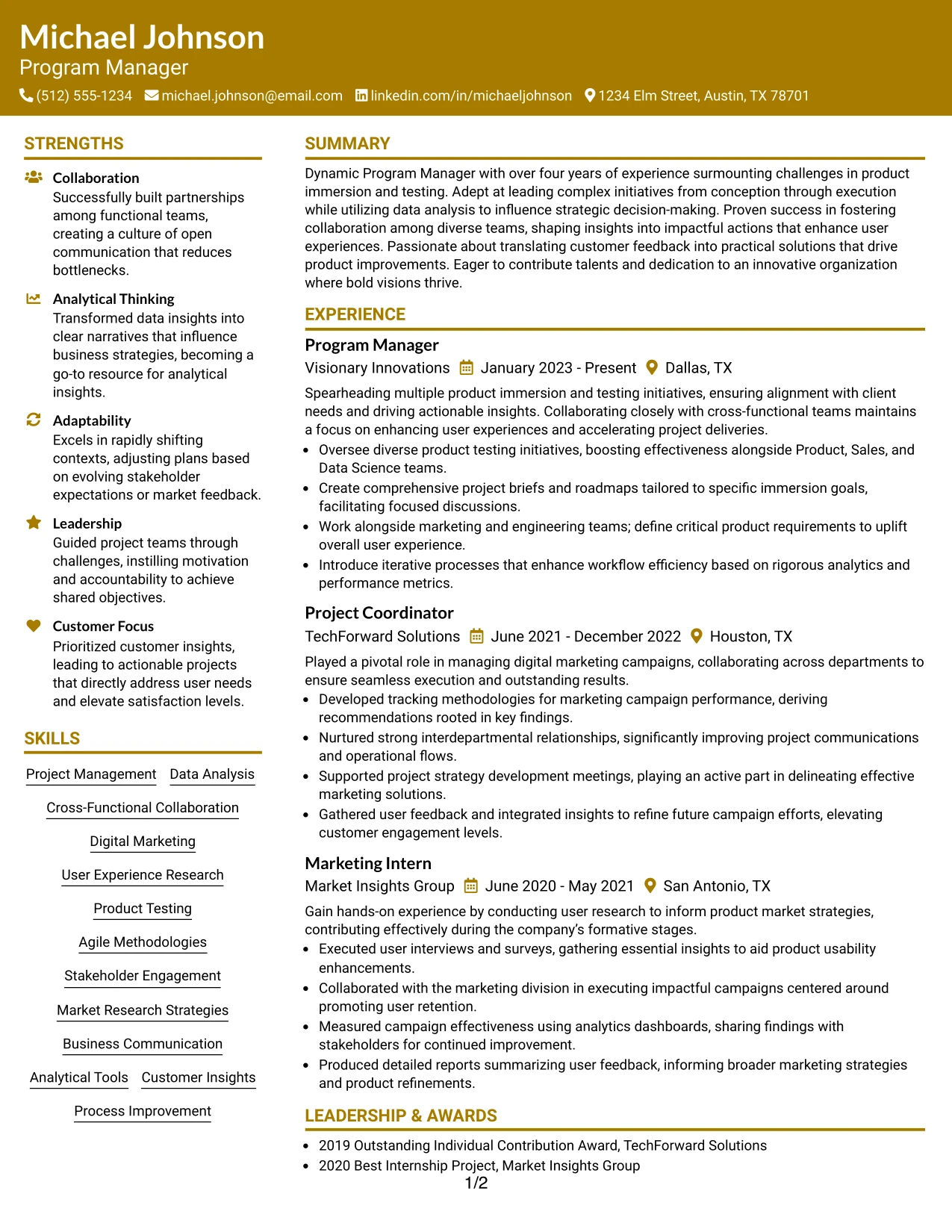 Resume Example Page 1