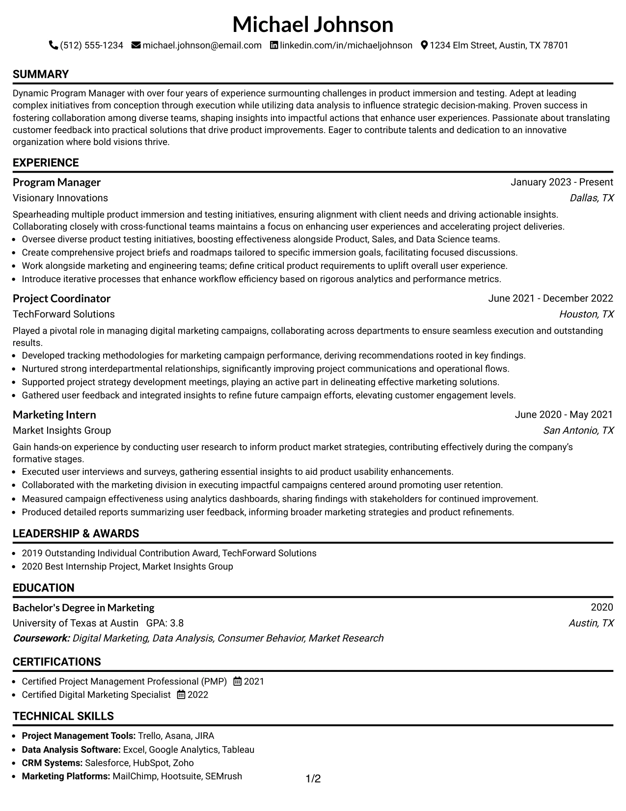 Resume Example Page 1