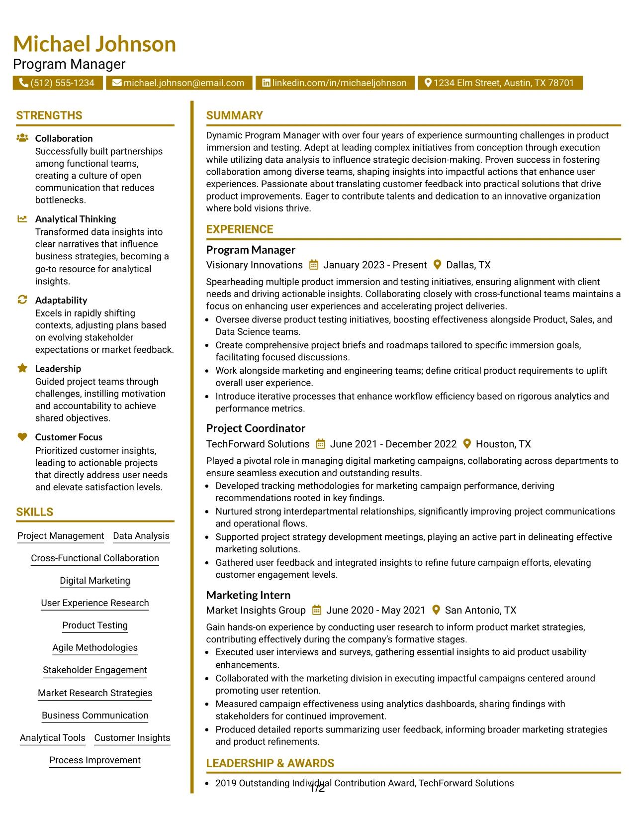 Resume Example Page 1