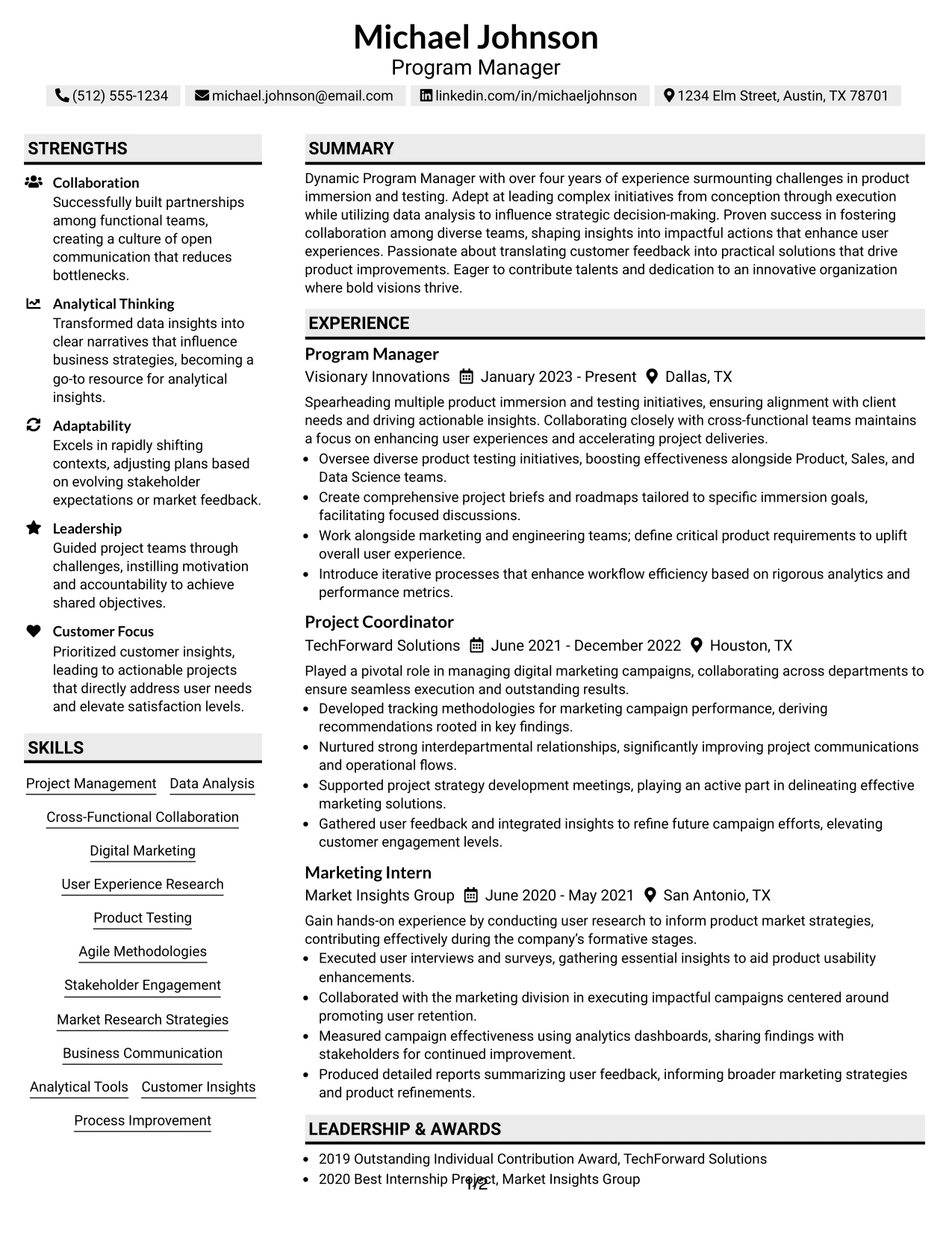 Resume Example Page 1