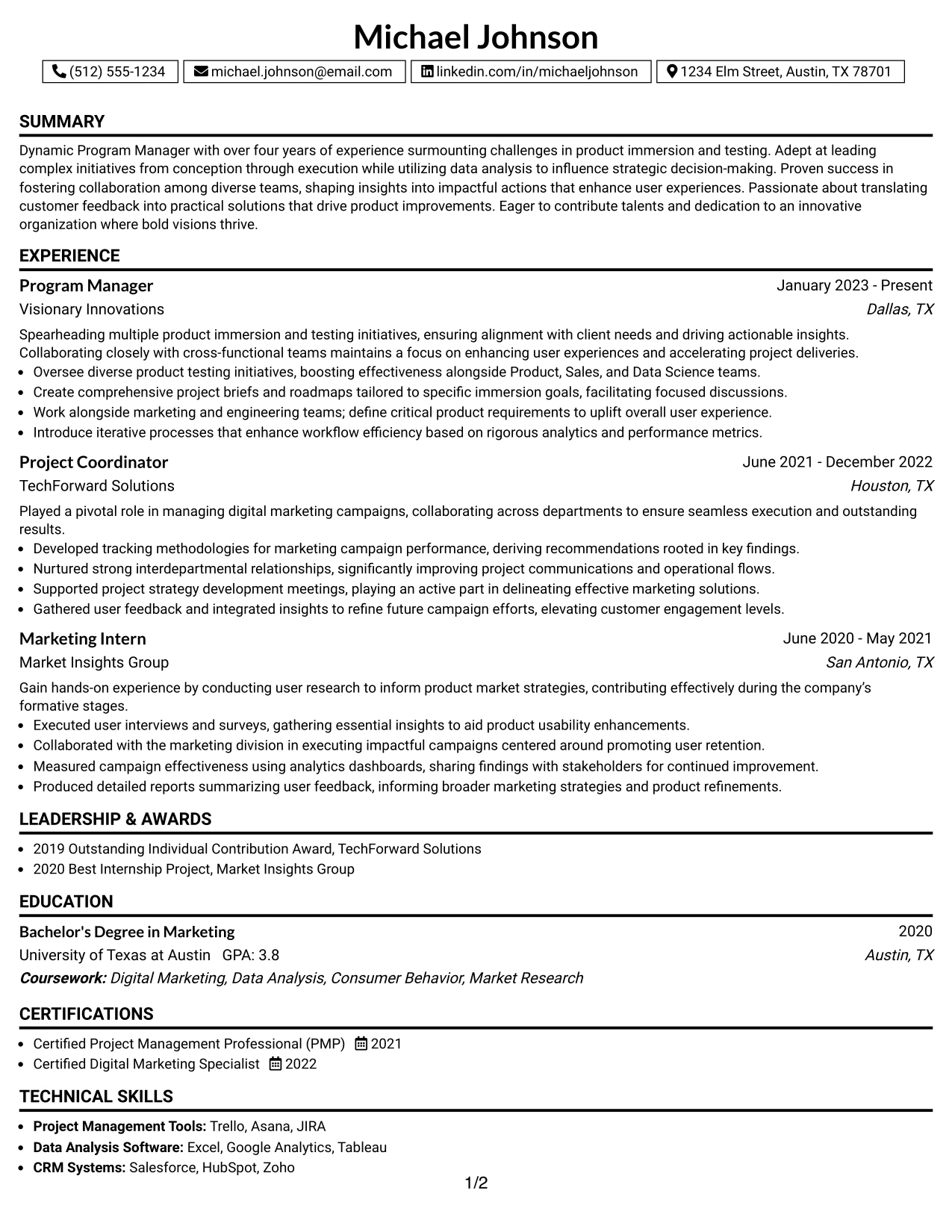 Resume Example Page 1