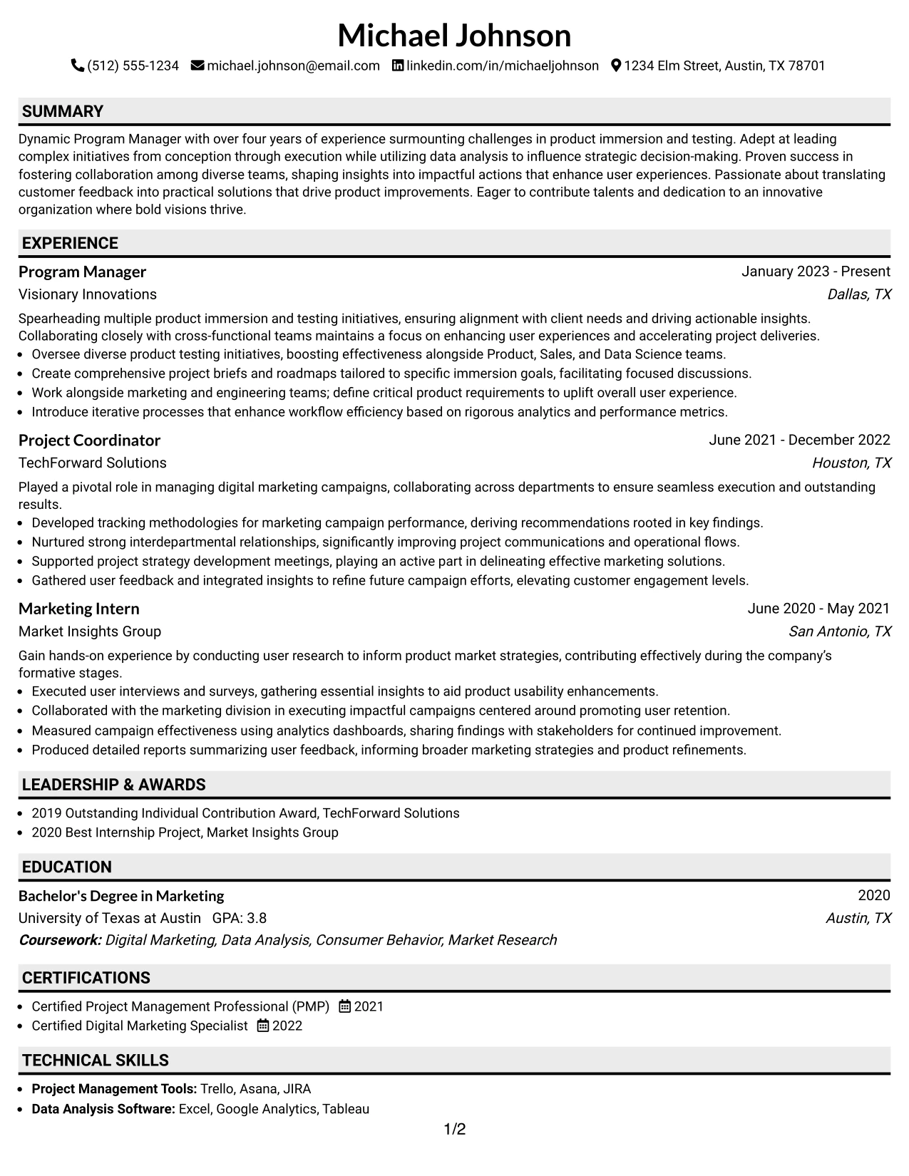 Resume Example Page 1