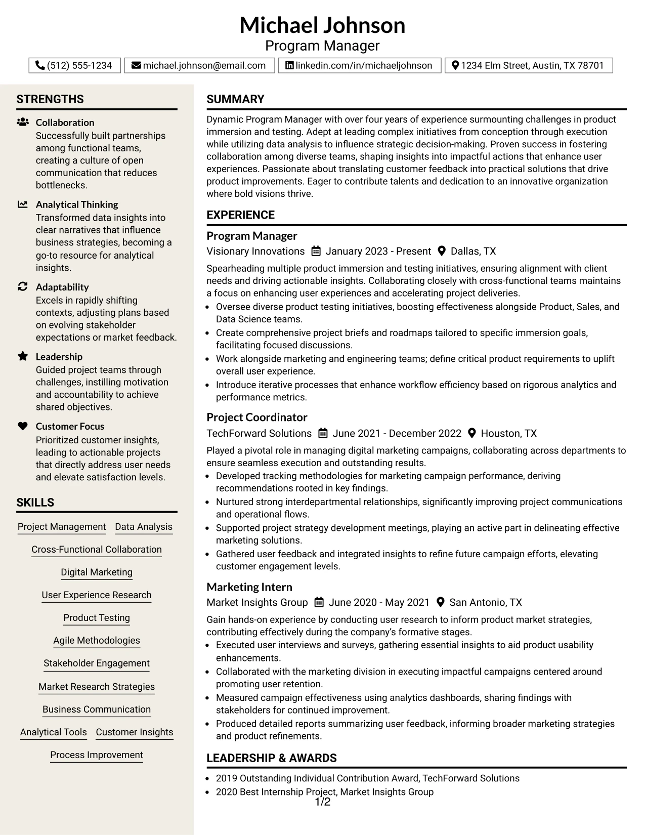 Resume Example Page 1
