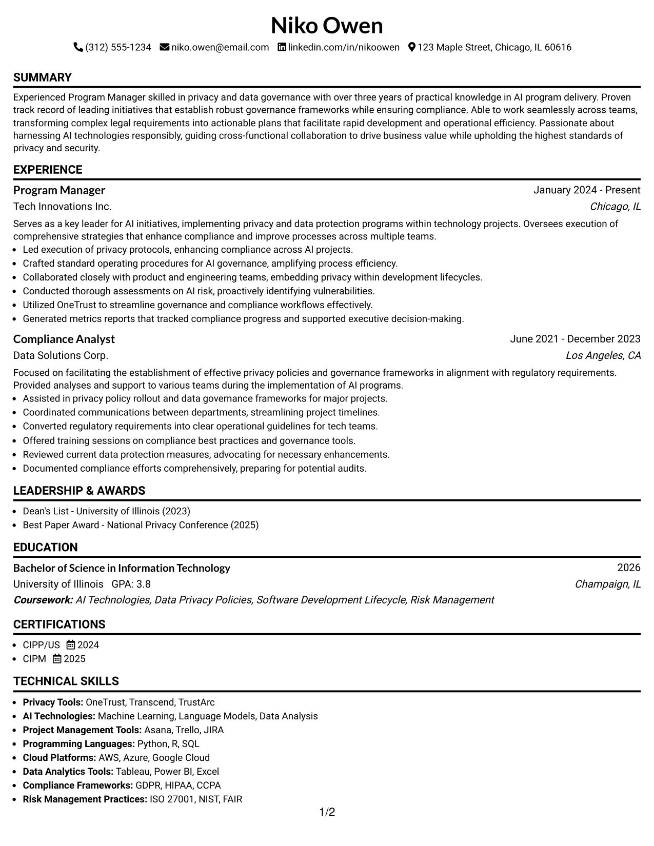 Resume Example Page 1