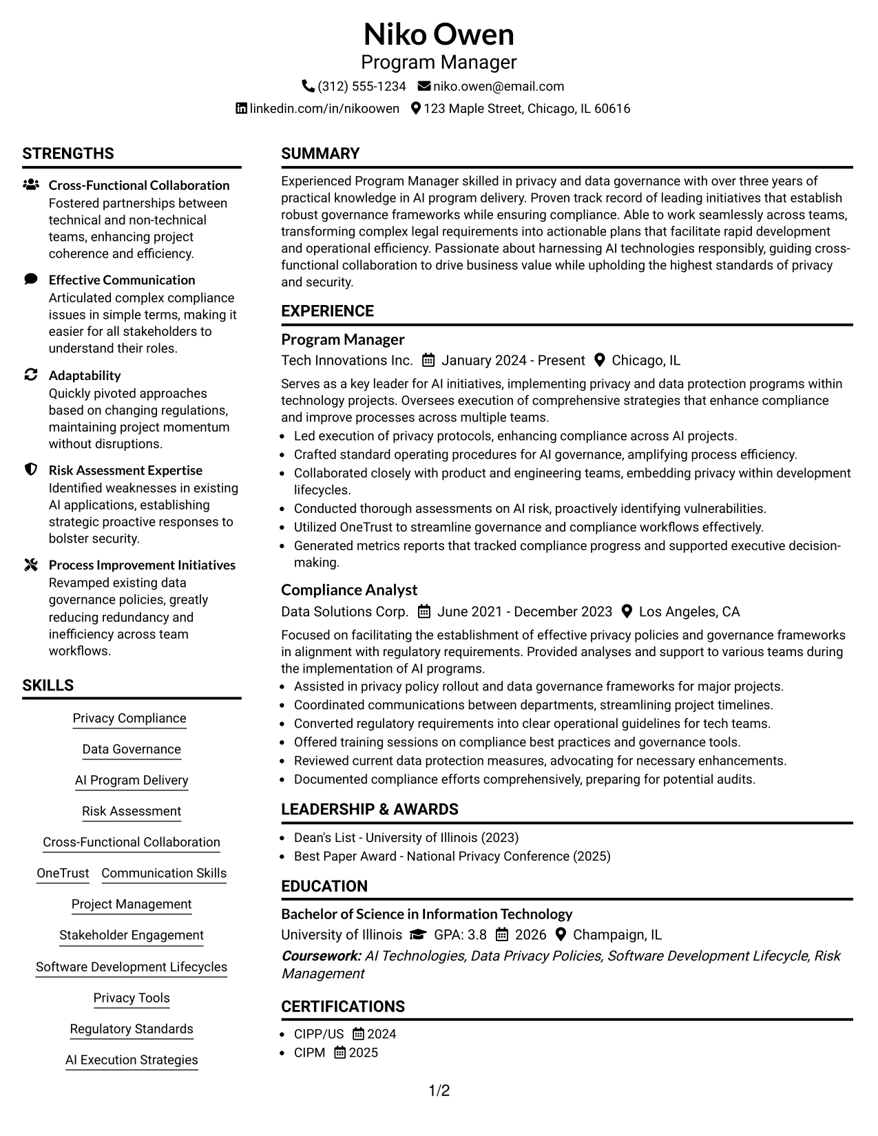 Resume Example Page 1